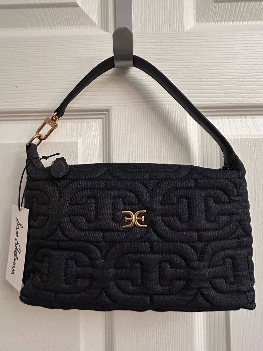 Sam Edelman Navy Denim Quilted Chain-Logo Shoulder Bag